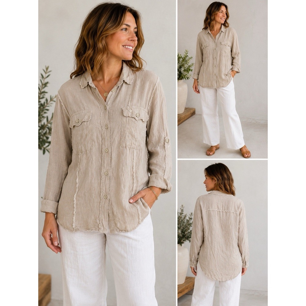 Milio Milano Womens L 100% Linen Button Up Shirt Made Italy Beige Lagenlook Boho